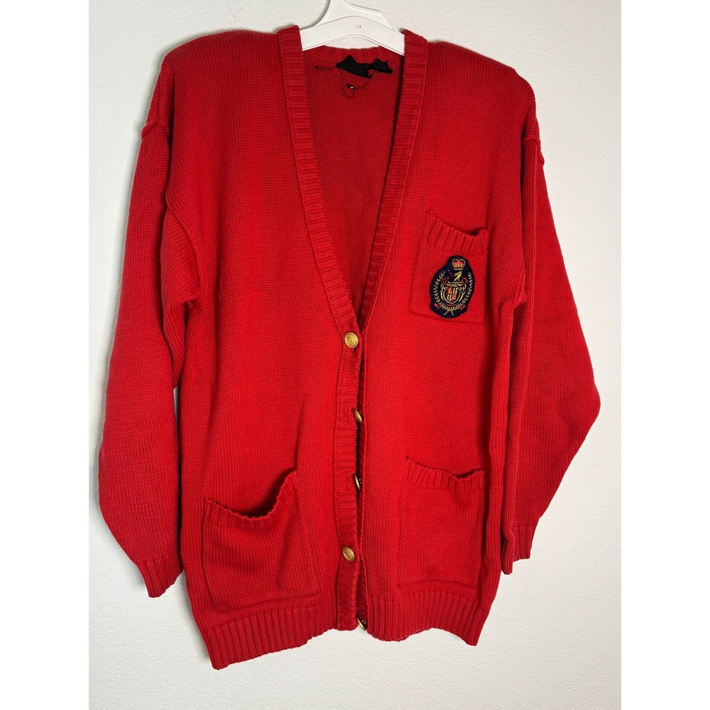 Lizsport Vintage Red Cotton Crest Button Cardigan Sweater Collegiate Preppy M